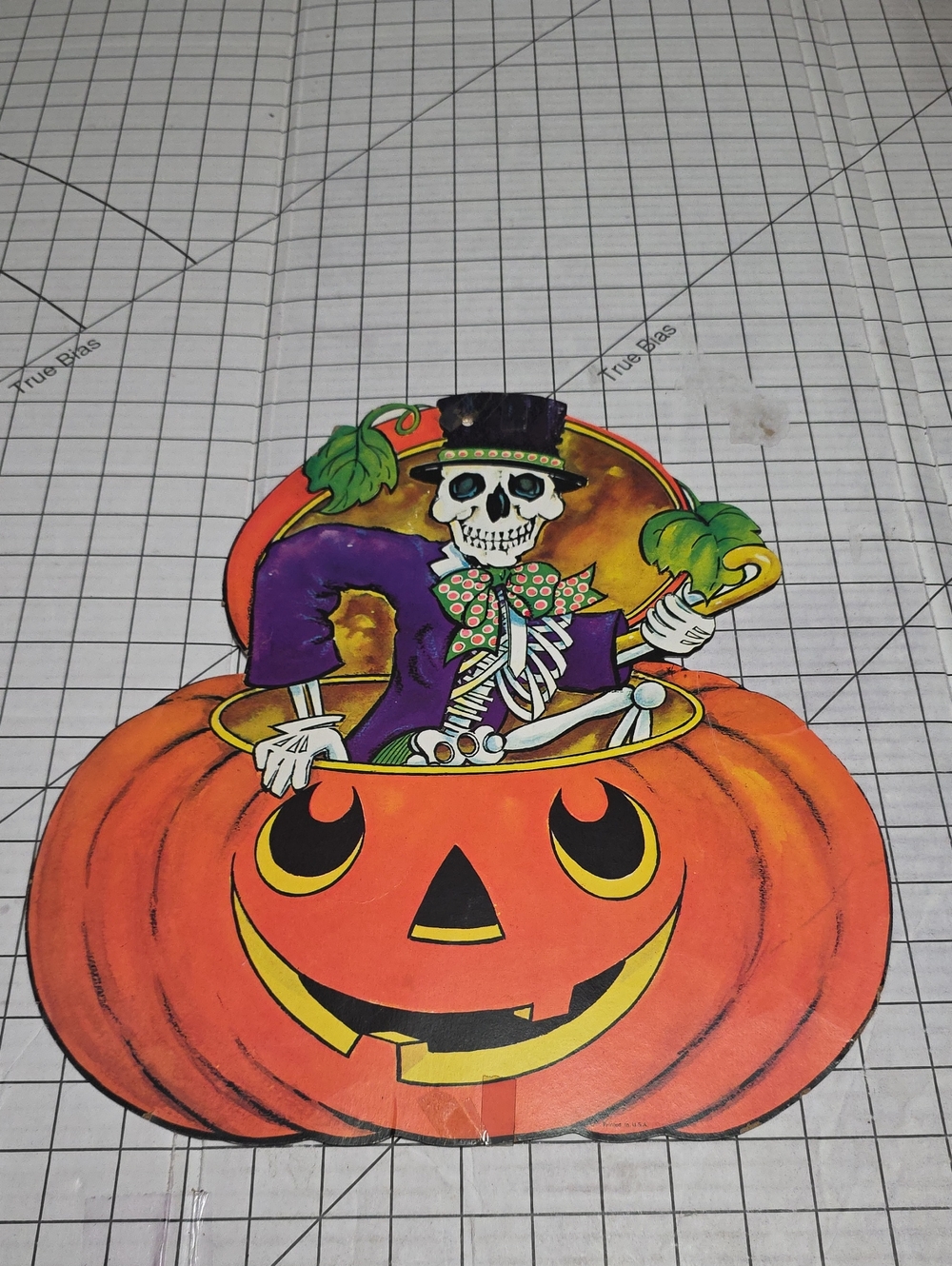 Halloween Festive Skeleton in Pumpkin, VTG, 13.75"W x 15"T 1-Sided